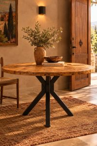 Round solid beech wood dining table with matte black base styled in a rustic Mediterranean dining room from RockFort Lebanon.