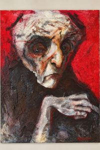 Original mixed media portrait painting The Weight of Silence by Lebanese artist Anthony Khalil, a melancholic textured figure on a vivid red background from RockFort Lebanon.