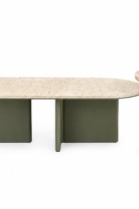 Travertine-effect coffee table on olive green split block legs with a matching cream round side table from RockFort Lebanon.