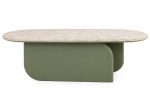 Oval travertine-effect coffee table on a curved olive green sculptural base from RockFort Lebanon.