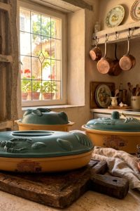 Three vintage ceramic terrines with sculpted sage-blue lids displayed in a rustic Mediterranean country kitchen from RockFort Lebanon.