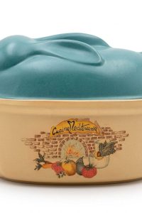 Vintage ceramic terrine with a sculpted rabbit-shaped sage-blue lid and cream Cucina Mediterranea base from RockFort Lebanon.